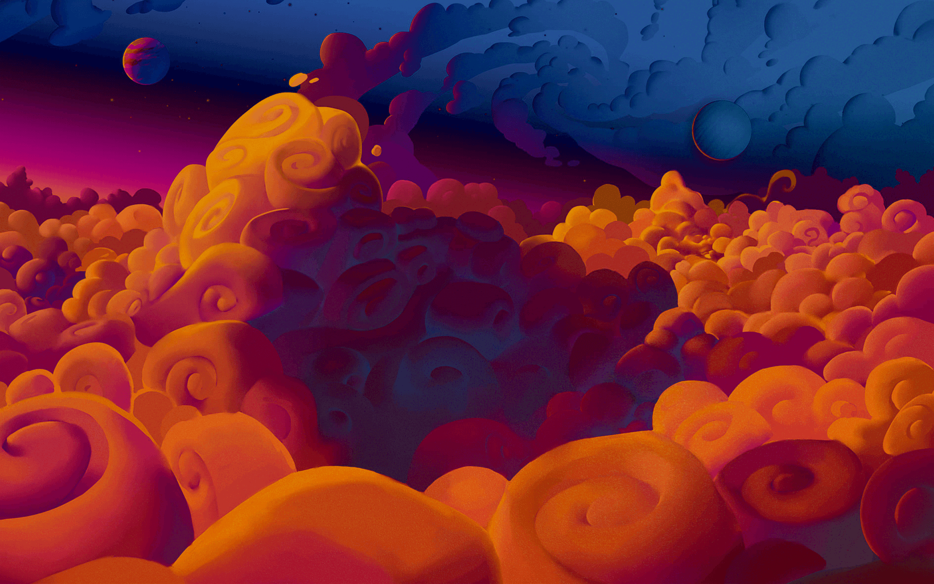 Vivid orange and purple clouds under a dark blue sky with distant glowing points, creating a dramatic cosmic mood.